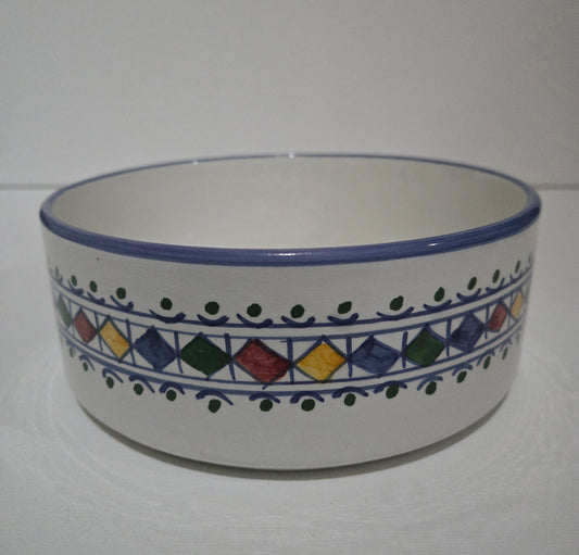 Ceramic bowl with colorful geometric pattern on a white background
