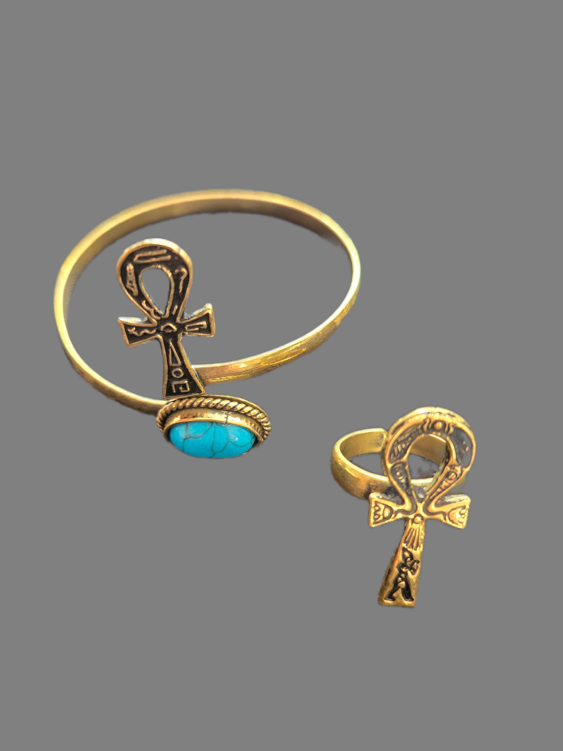 Ankh Armband & Ring Set aus Kupfer Türkis, Leben & Schutz ☥