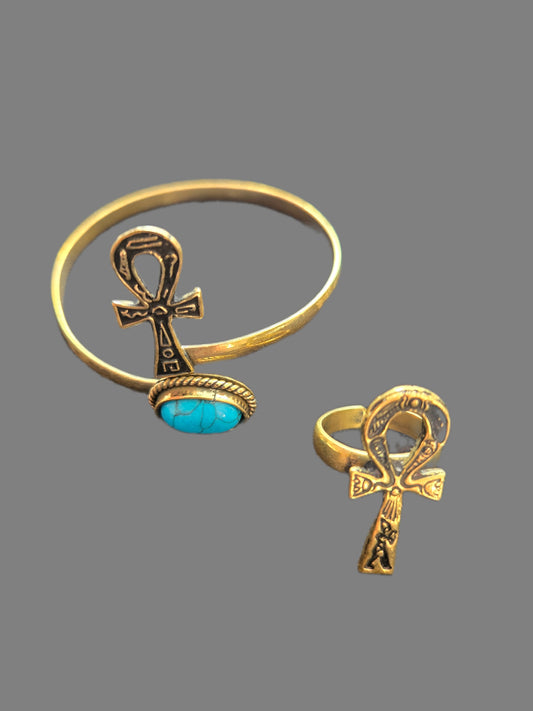 Ankh Armband & Ring Set aus Kupfer Türkis, Leben & Schutz ☥